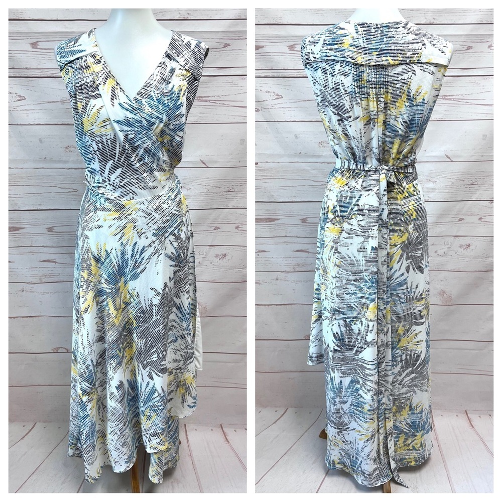 H by Halston Blue Gray Yellow Palm Print Faux Wrap Dress